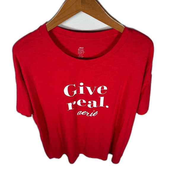 Aerie Real Soft Red Short Sleeve Oversized Give Real Tee Size Small Lightweight - Picture 12 of 14